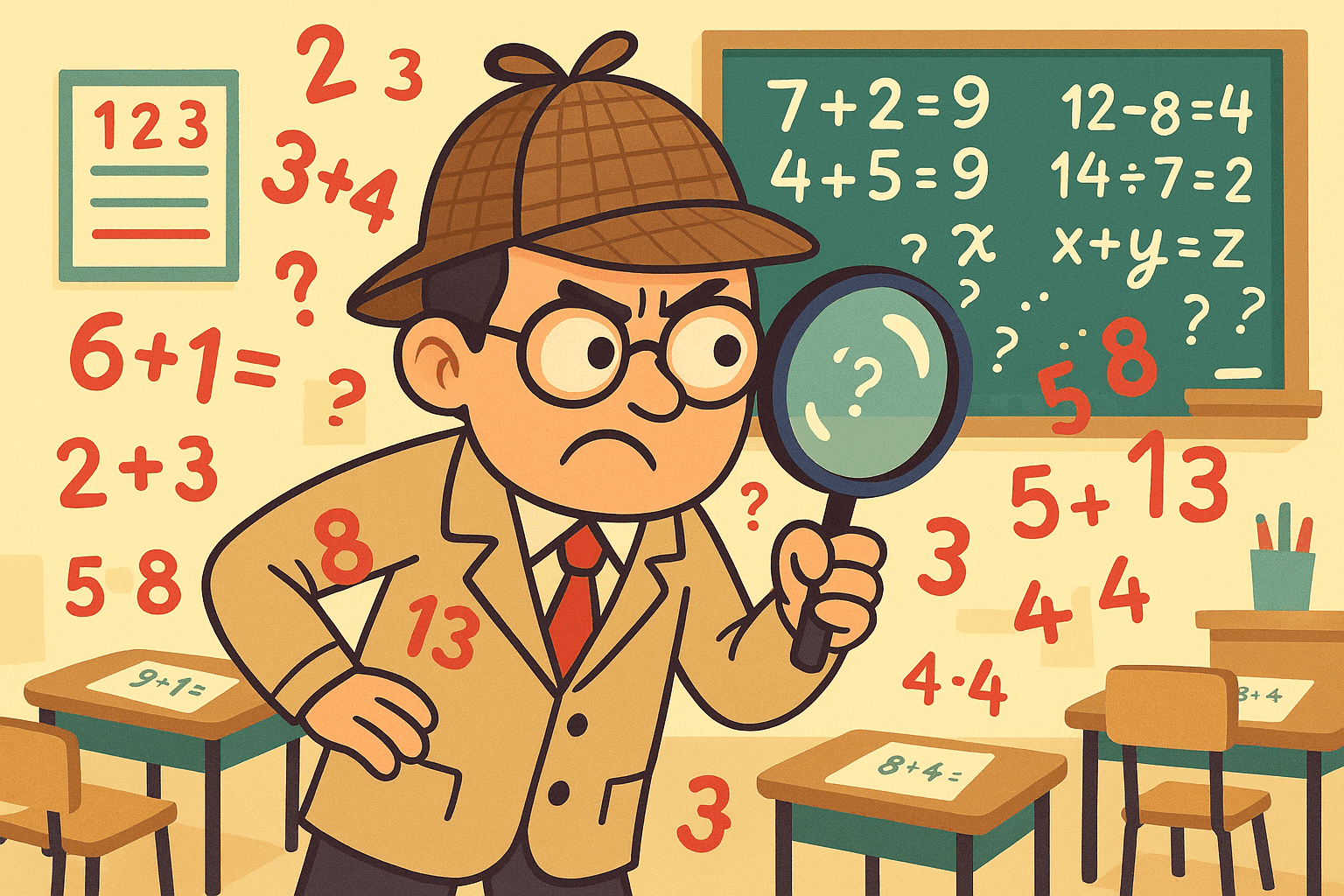 A cartoon math teacher with a detective hat and magnifying glass looking suspiciously at a blackboard covered with addition problems that seem to be mysteriously multiplying around the classroom