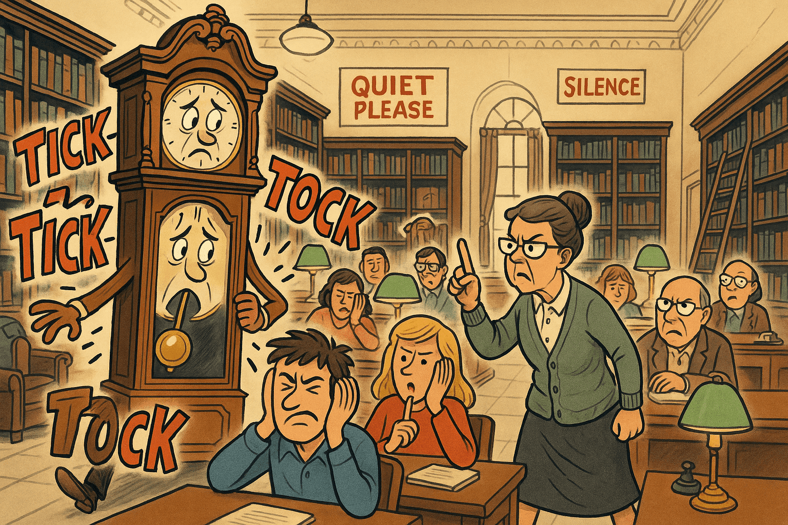 Cartoon illustration of a loud ticking grandfather clock being escorted out of a quiet library by stern librarian, other patrons reading with annoyed expressions, bookshelves filled with books, shushing signs on walls, traditional library interior in cream, dark blue-gray, sage green, yellow, and bright red colors