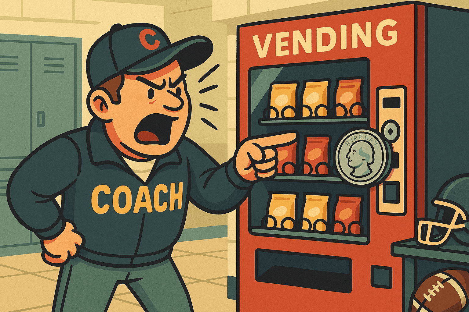 A cartoon football coach in a cap and jacket angrily yelling at a vending machine while pointing at it, with a quarter stuck in the slot, creating a visual pun about quarterback and quarter back