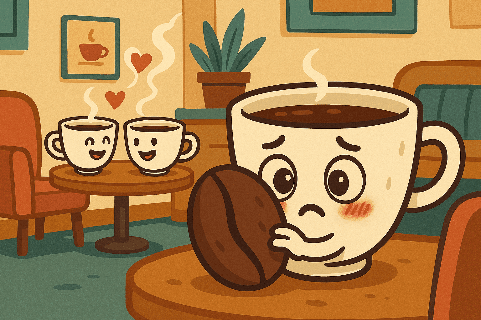 A shy cartoon coffee cup with blushing cheeks hiding behind a coffee bean, set in a cozy café with warm lighting and other animated coffee cups chatting confidently in the background