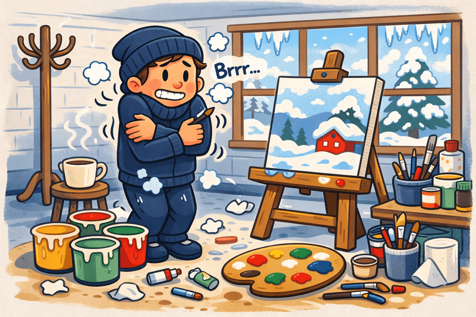 A cartoon painter working in a cold studio with art supplies