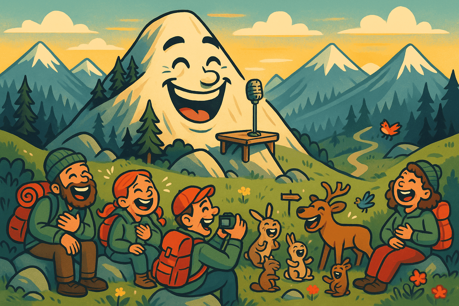 Cartoon illustration of a personified mountain or hill with a smiling face telling jokes to laughing hikers and animals gathered around, comedy microphone on small stage near summit, mountain landscape with peaks and valleys in cream, dark blue-gray, sage green, yellow, and bright red colors