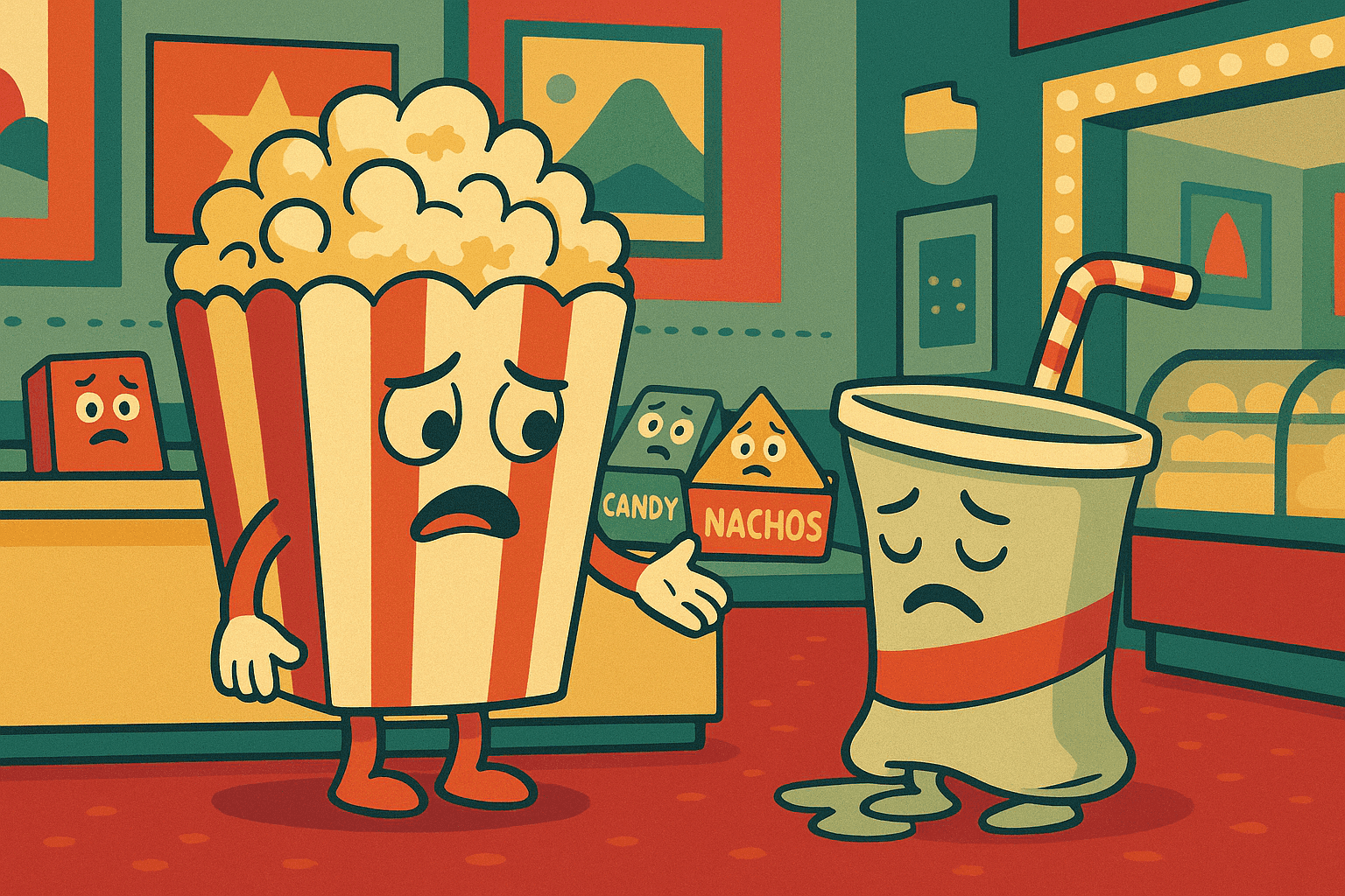 A cartoon popcorn container looking sad and disappointed while talking to a flat, deflated soda cup with no fizz bubbles, set in a movie theater concession stand with other snacks watching the breakup