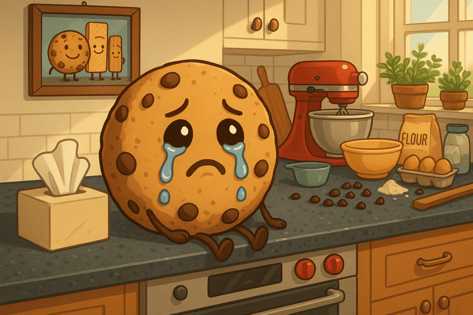 Cartoon illustration of a sad chocolate chip cookie with tears streaming down its face, sitting on a kitchen counter with tissue box nearby, family photo frame showing cookie family on the wall, warm home kitchen setting with oven, mixing bowls, and baking ingredients in cream, dark blue-gray, sage green, yellow, and bright red colors