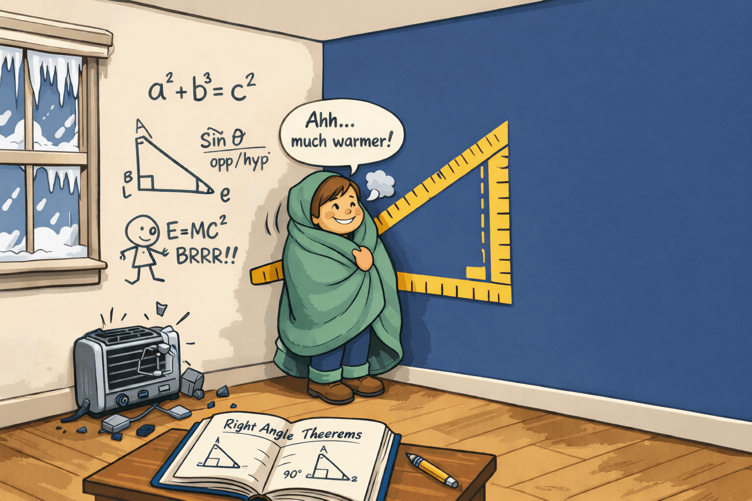 A cartoon person standing in a corner with a thermometer showing 90 degrees