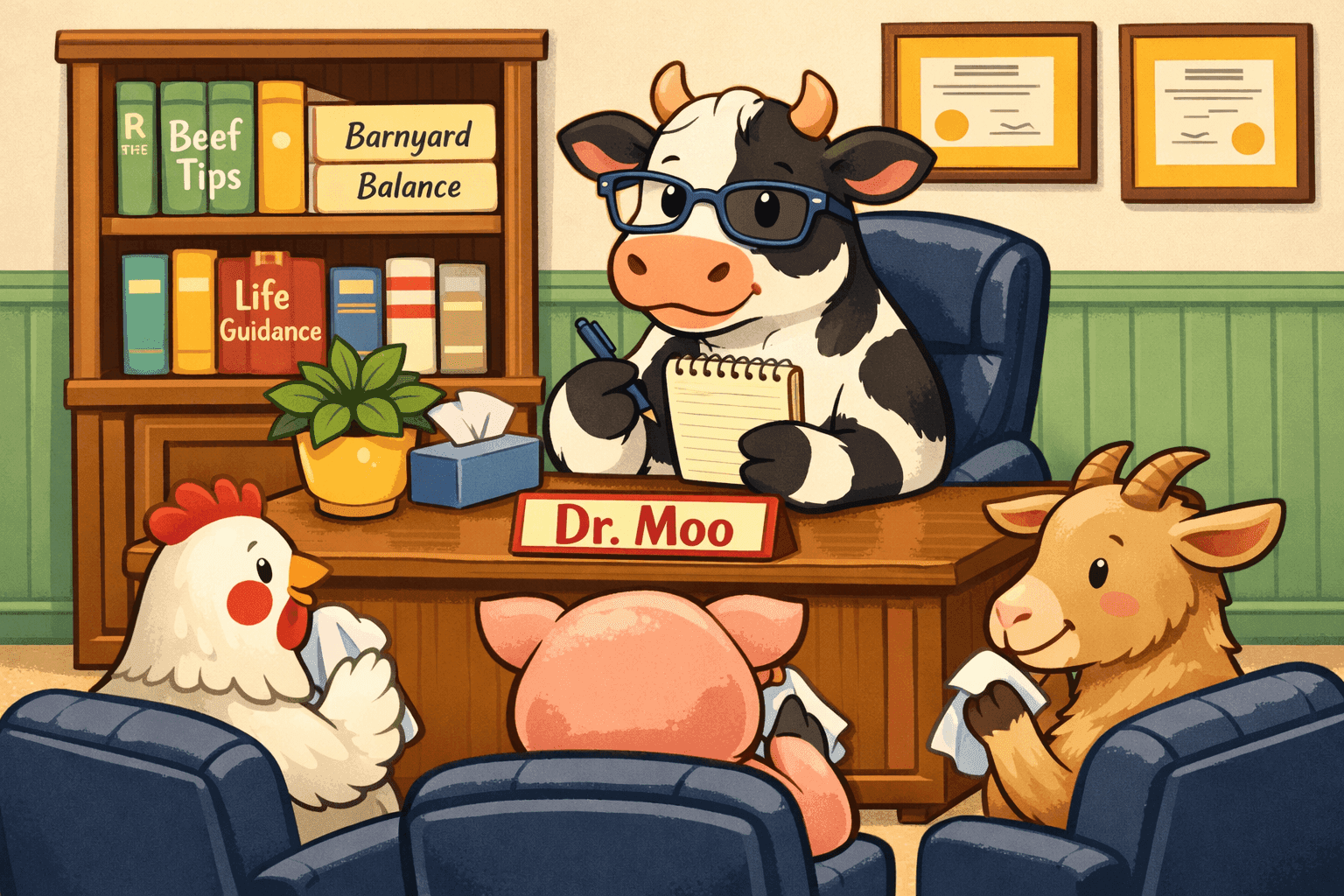 A cartoon cow wearing glasses giving advice like a counselor with a notepad