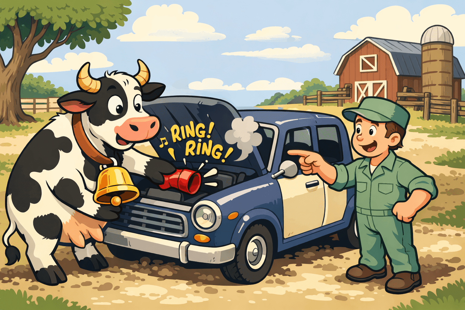 A cartoon cow wearing a bell trying to honk a broken car horn