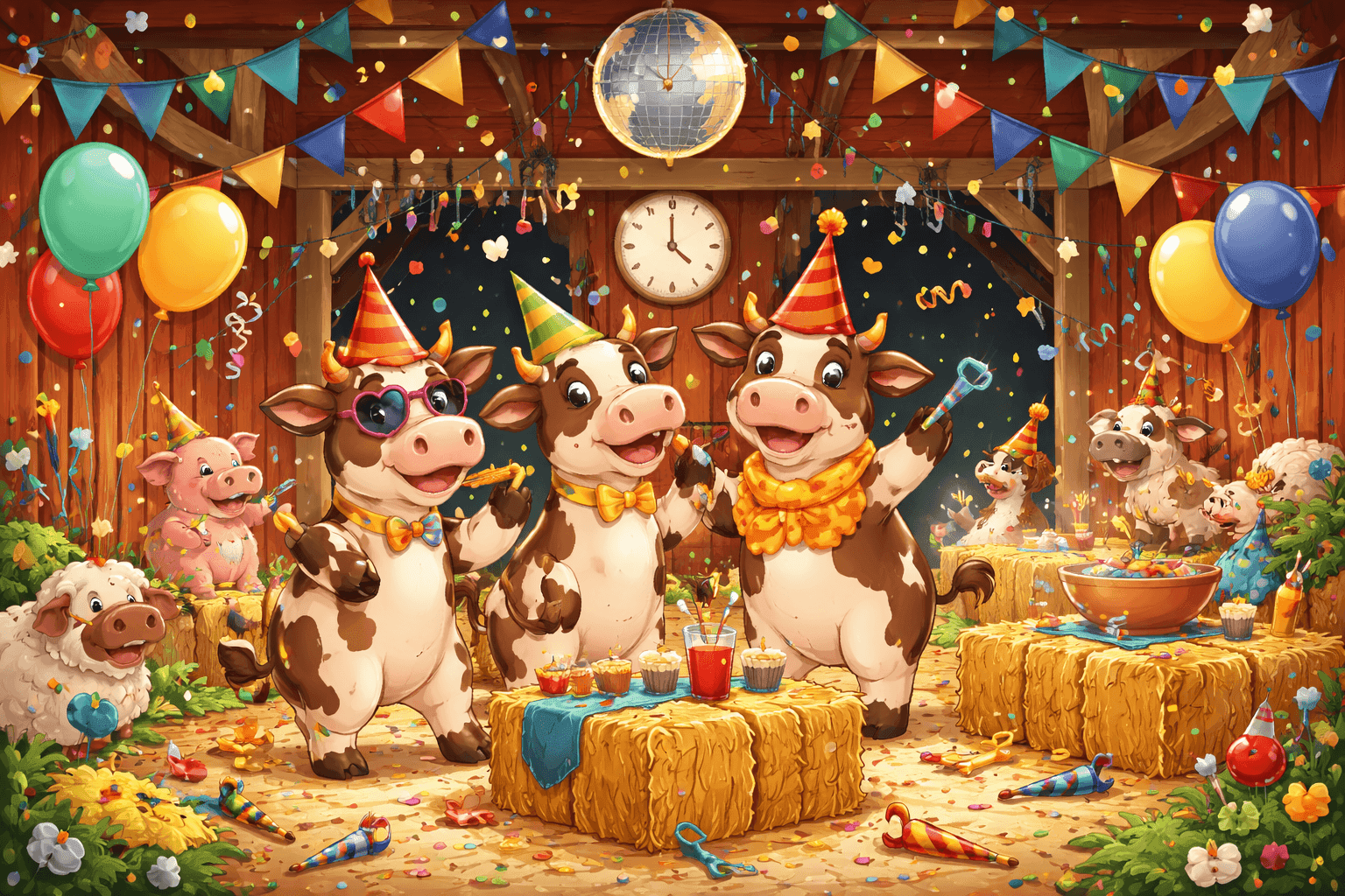 Cartoon cows celebrating with party hats and confetti