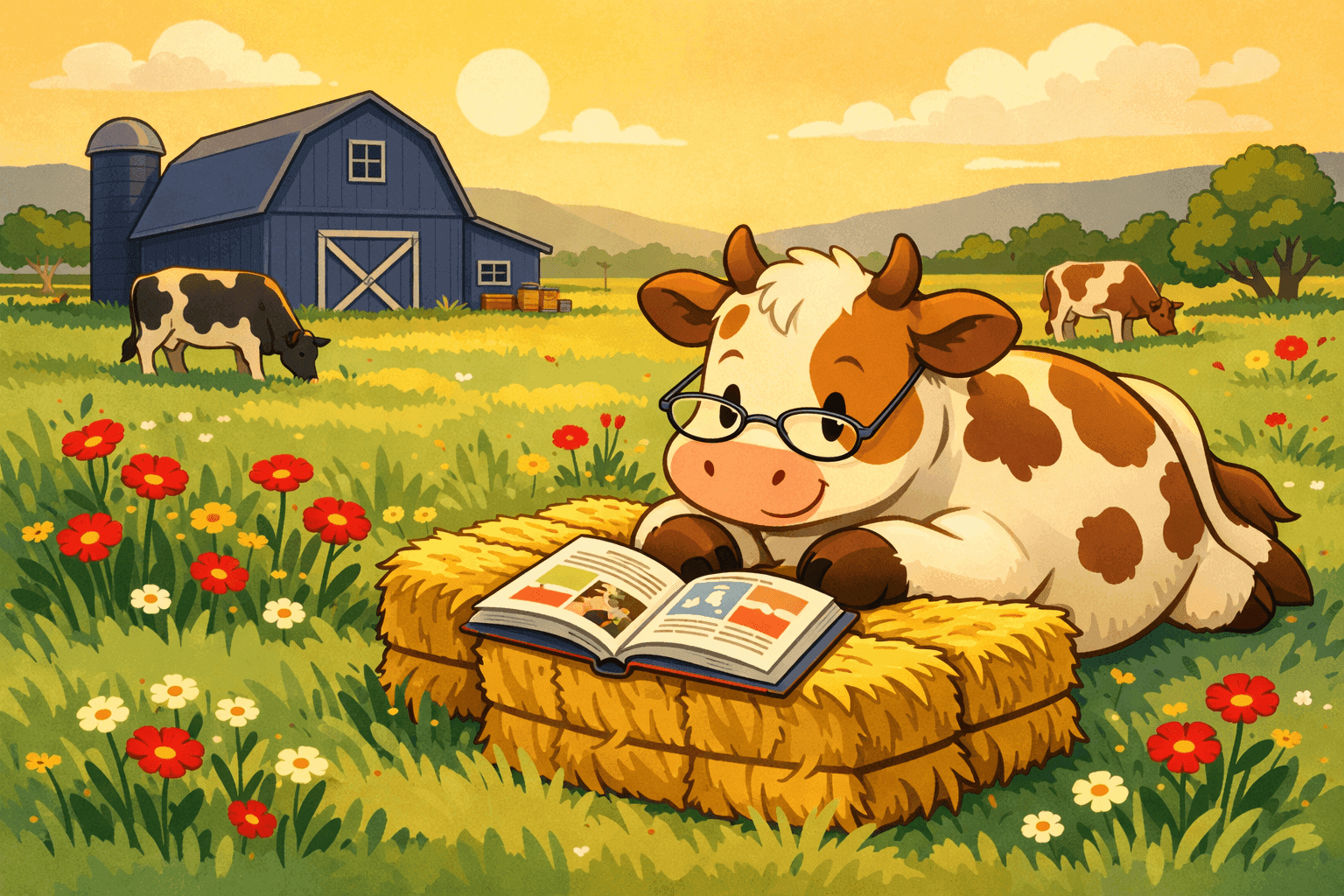 A cartoon cow relaxing while reading a book in a pasture