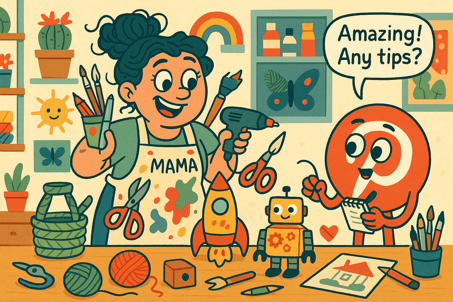 A cartoon mama character with paint-splattered apron and creative tools, surrounded by amazing DIY projects while a Pinterest logo character with a notepad looks on admiringly taking notes