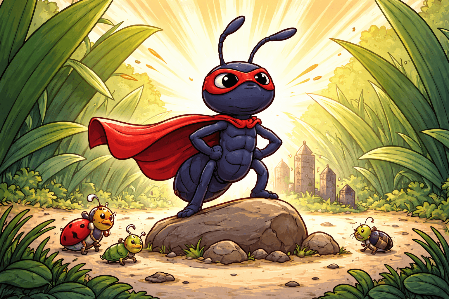 A cartoon ant wearing a superhero mask and cape