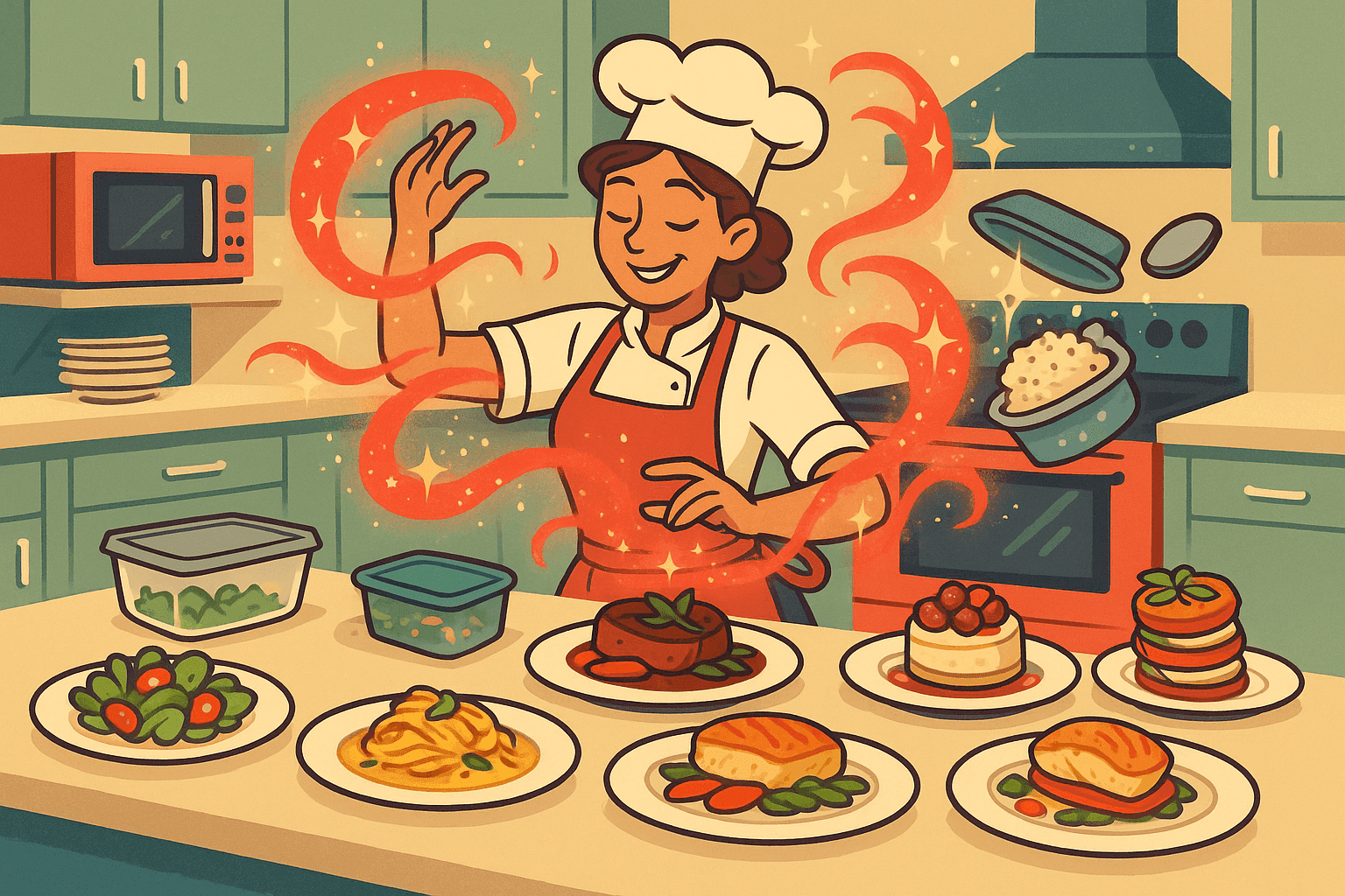 A humorous cartoon illustration of a talented woman chef in a kitchen magically transforming ordinary leftover containers into elegant plated dishes, with sparkles and magic effects swirling around seven beautiful gourmet plates