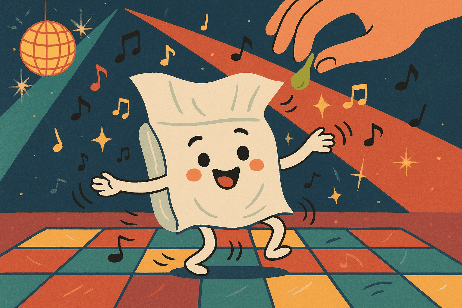 A cartoon tissue with a happy face dancing energetically on a dance floor with musical notes around it, while someone adds a little green boogie substance to make it dance, creating the visual pun