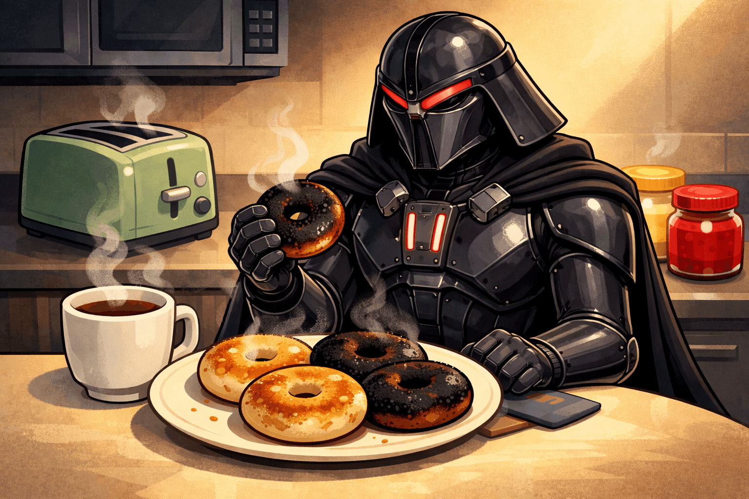 A cartoon character in dark clothing at a breakfast table with bagels