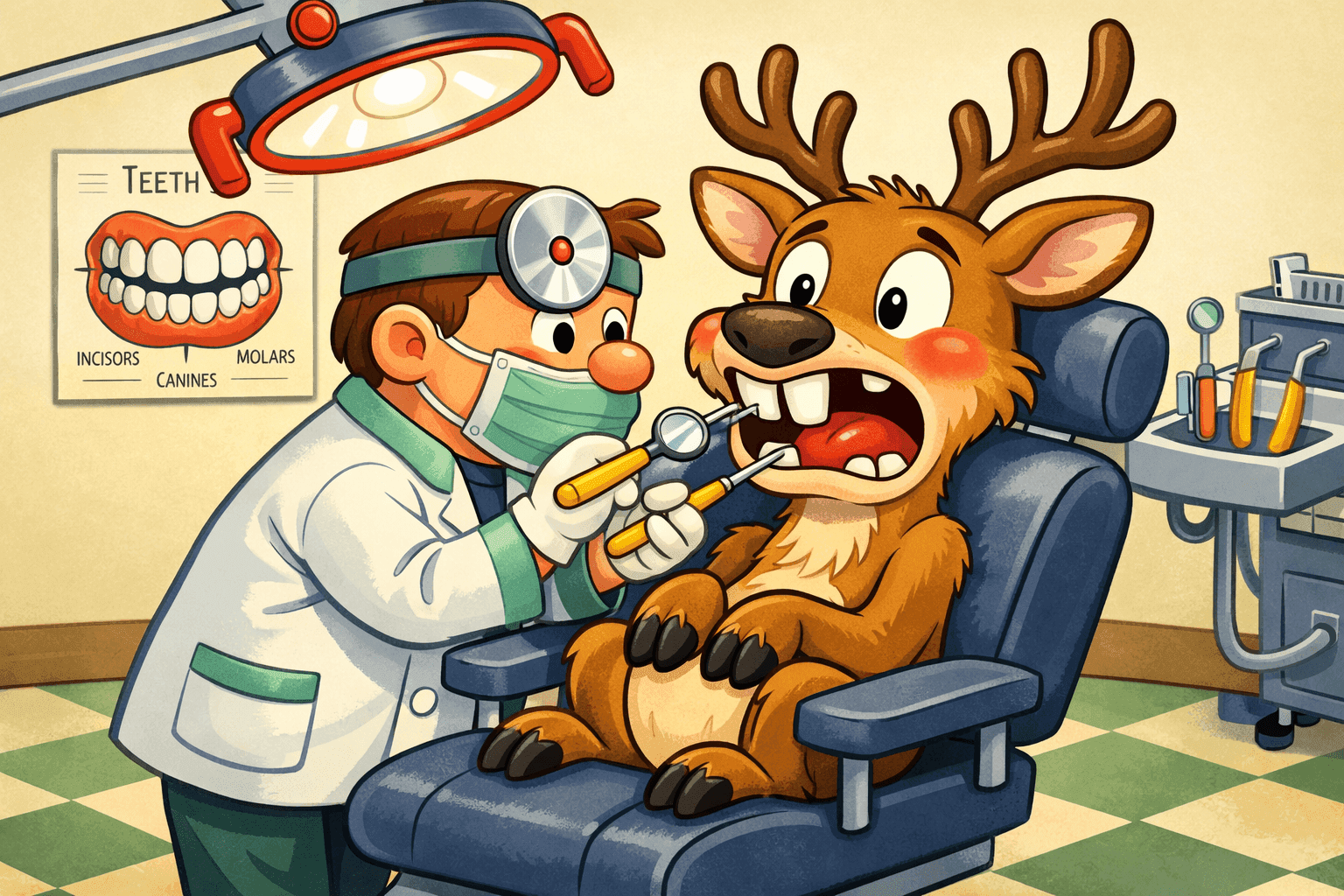 A cartoon deer sitting in a dentist chair showing prominent front teeth