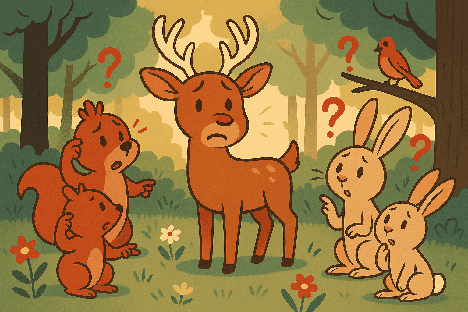 A cartoon deer with no eyes standing in a forest looking confused, with other woodland animals pointing and trying to help identify what kind of animal it is, creating the no-idea visual pun