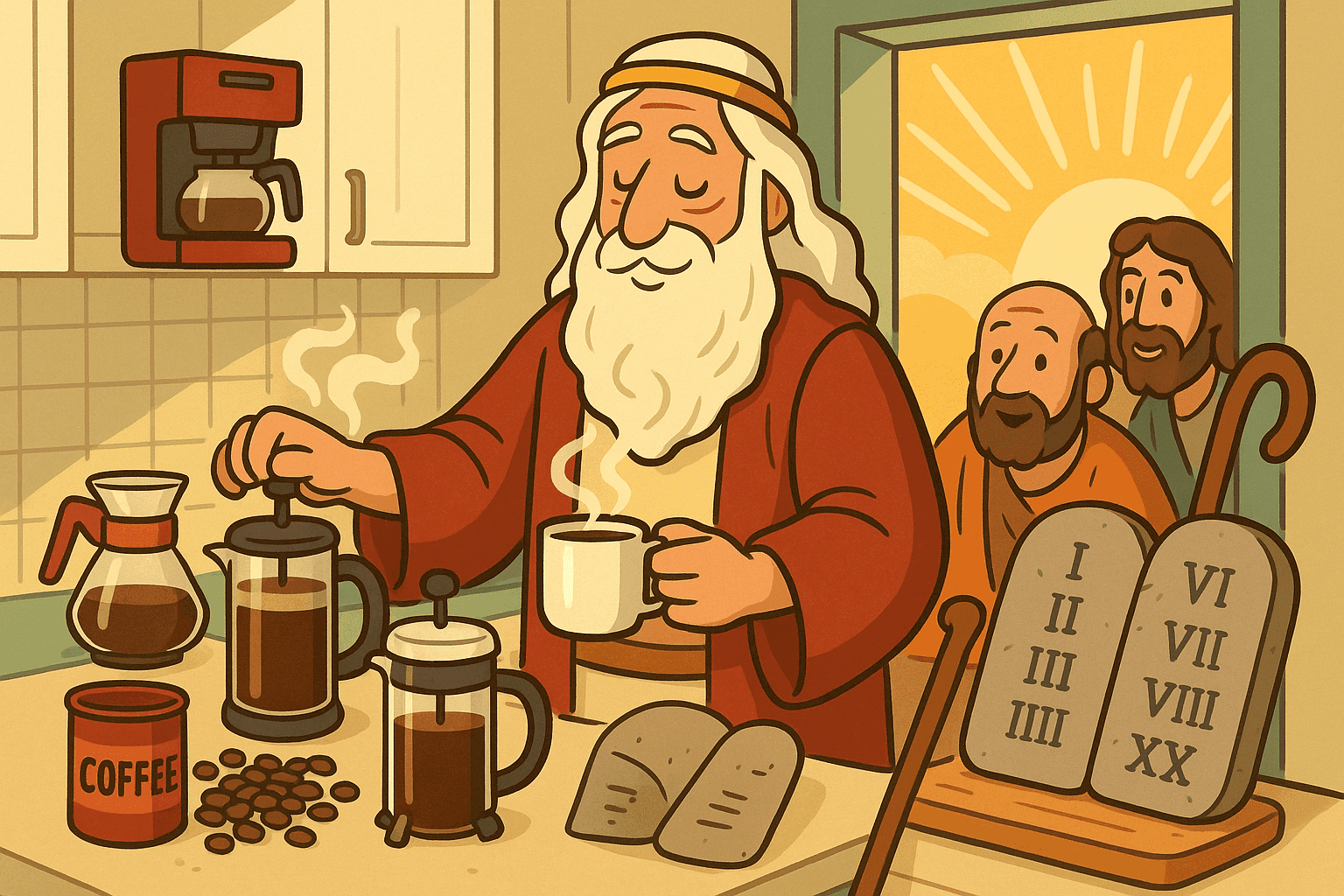 A cartoon Moses with a long beard operating a vintage coffee maker in ancient robes