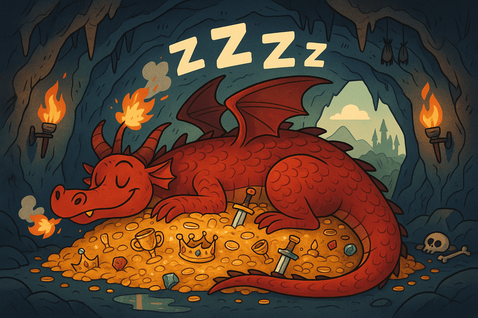 Cartoon illustration of a large red dragon sleeping peacefully in cave, snoring with small flames puffing from nostrils, ZZZZ letters floating above, treasure pile and scorched cave walls, medieval fantasy setting in cream, dark blue-gray, sage green, yellow, and bright red colors