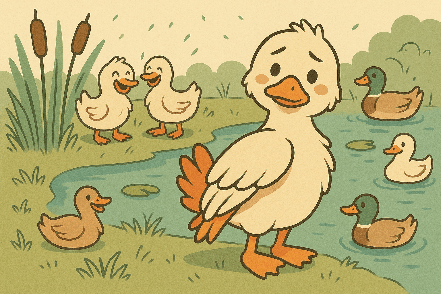 A cartoon duck with a bashful expression adjusting its feathers while other ducks giggle in the background by a peaceful pond, creating a family-friendly scene about duck modesty
