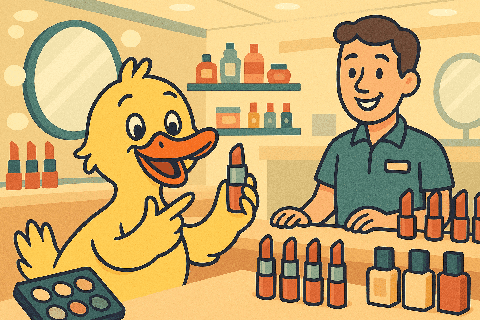 A cartoon duck with a bright smile at a cosmetics counter holding lipstick while pointing to its orange bill, with a friendly shopkeeper behind the counter in a colorful makeup store
