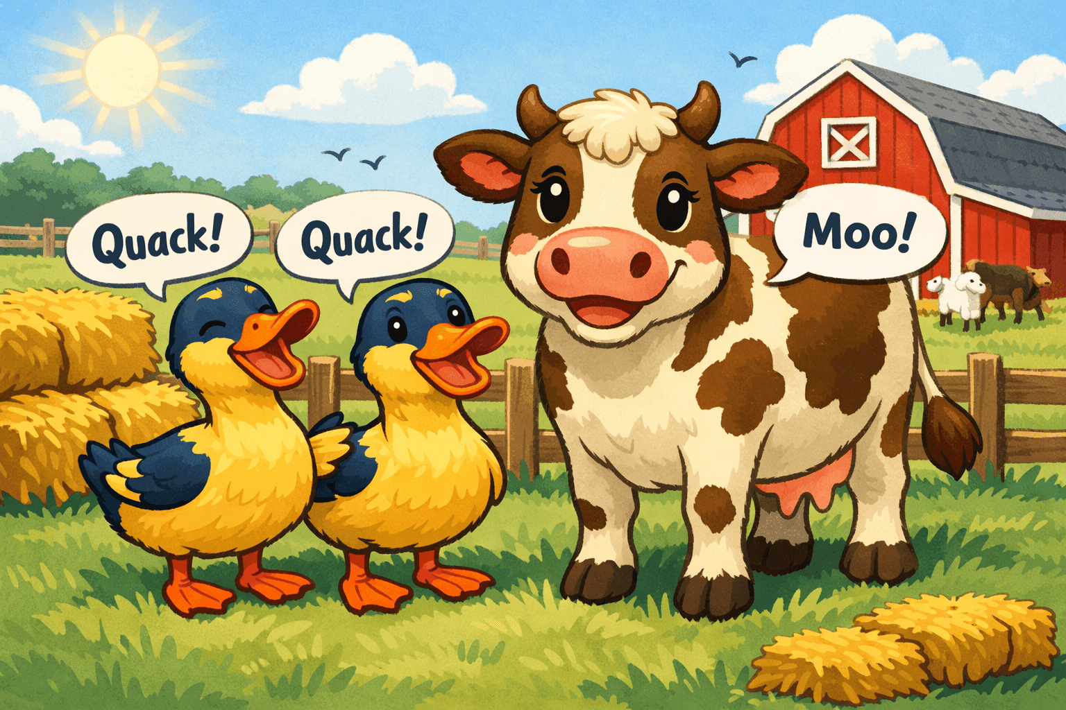 Two cartoon ducks and a cow standing together on a farm