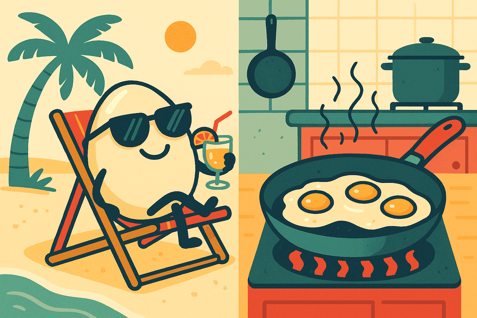 A humorous cartoon illustration of a relaxed egg character with arms and legs lounging on a beach chair with sunglasses, while other eggs are being cooked in a frying pan in the background
