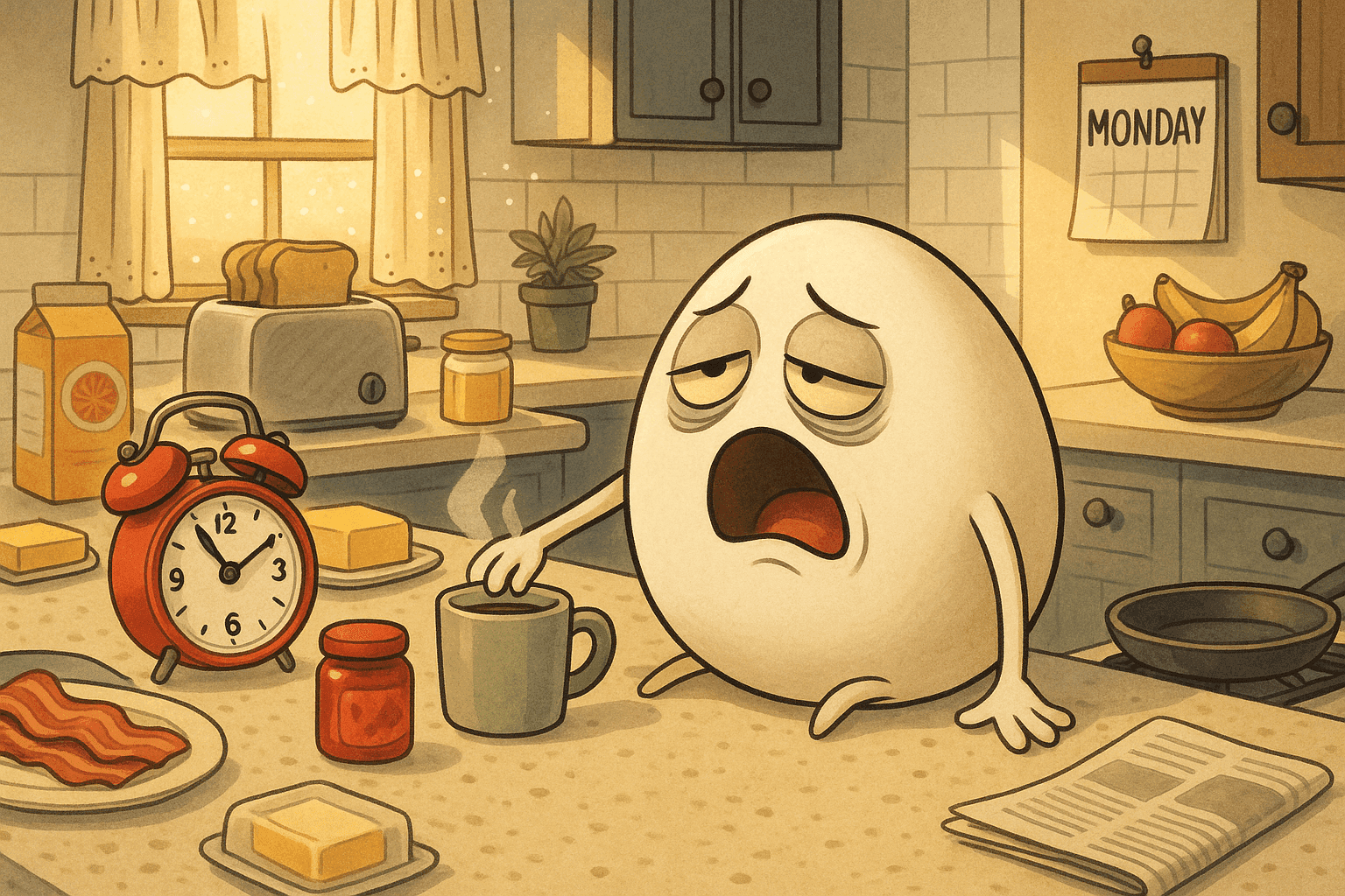 Cartoon illustration of a weary egg with tired eyes and dark circles slumped on kitchen counter, yawning widely, coffee cup nearby, alarm clock showing early morning, breakfast items around in cream, dark blue-gray, sage green, yellow, and bright red colors
