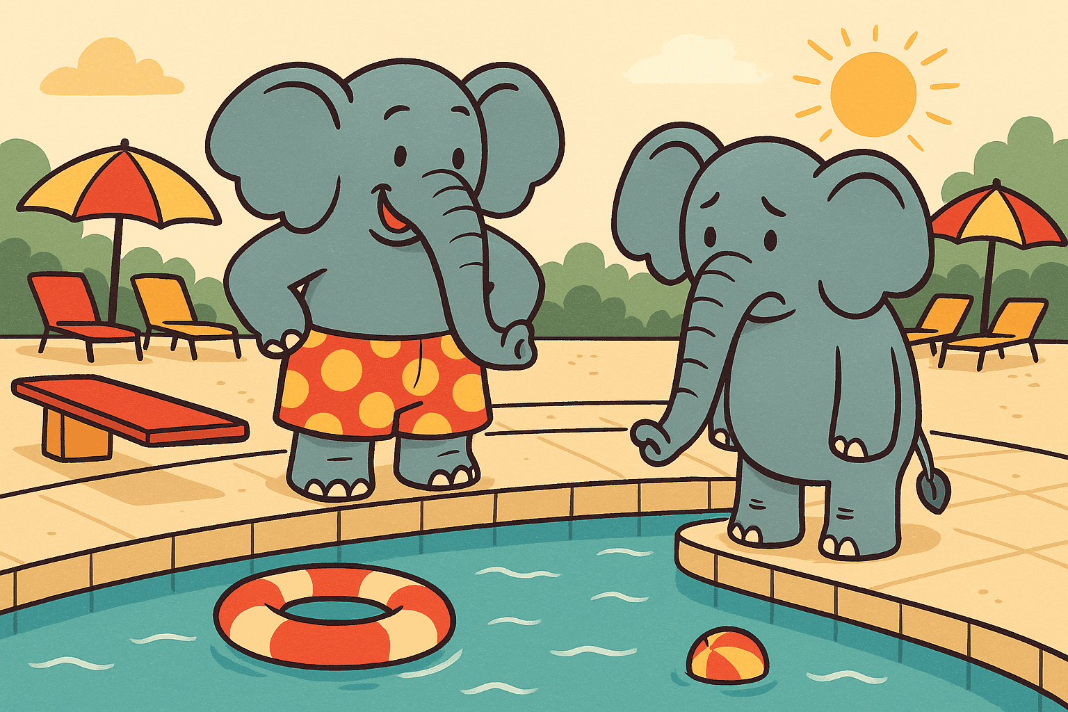 A humorous cartoon illustration of two elephants at a swimming pool, one wearing swimming trunks while the other looks disappointed, with their actual elephant trunks being part of the visual pun