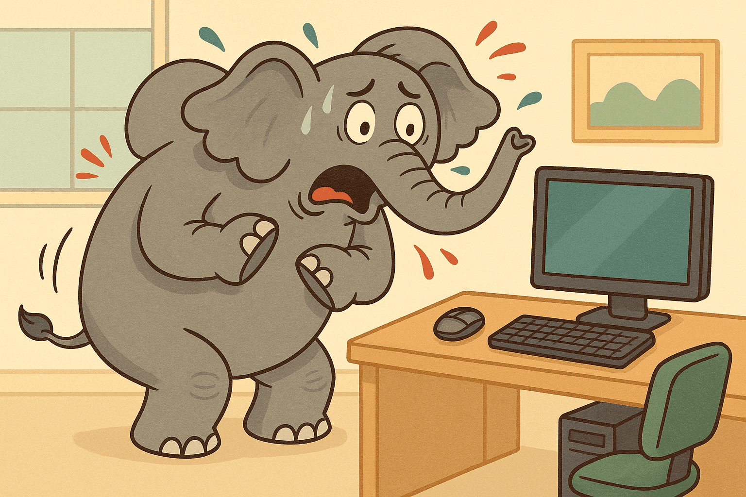 A cartoon elephant backing away fearfully from a computer while a tiny mouse sits on the keyboard looking confused, with the elephant showing classic fear reactions to the small computer mouse