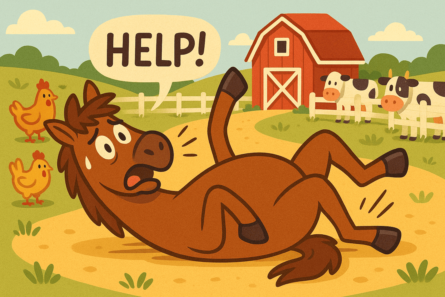 A cartoon horse that has comically fallen down on the ground with a surprised expression, calling out for help while unable to get back up, set in a pastoral farm setting with a barn in the background