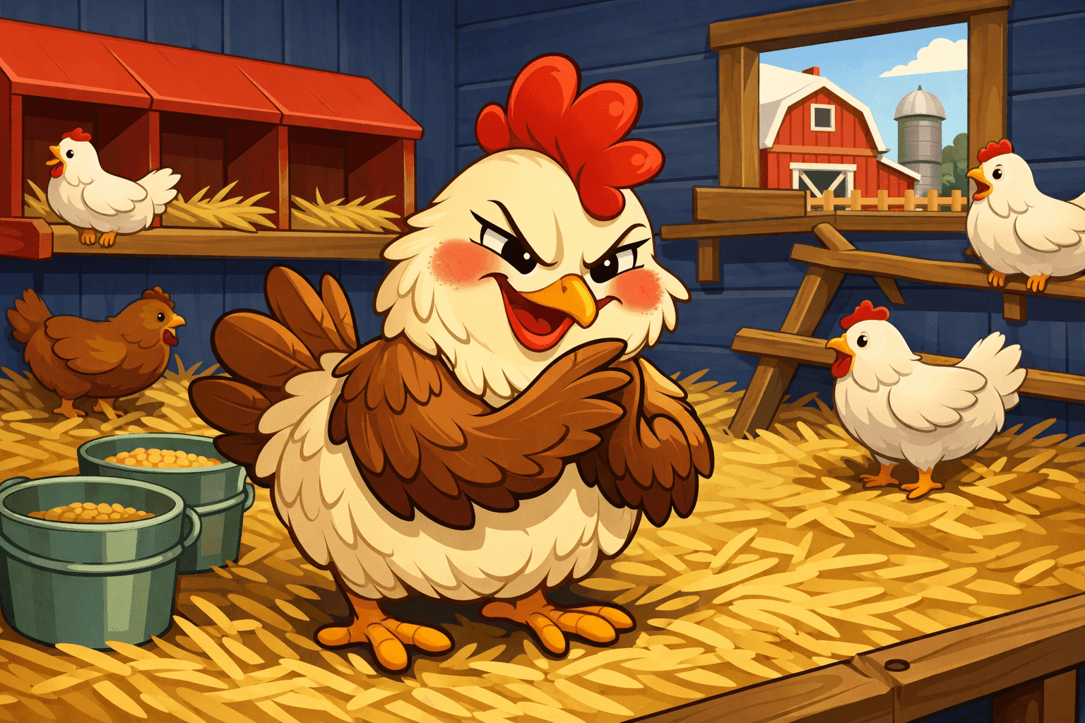 A cartoon hen looking mischievous in a chicken coop