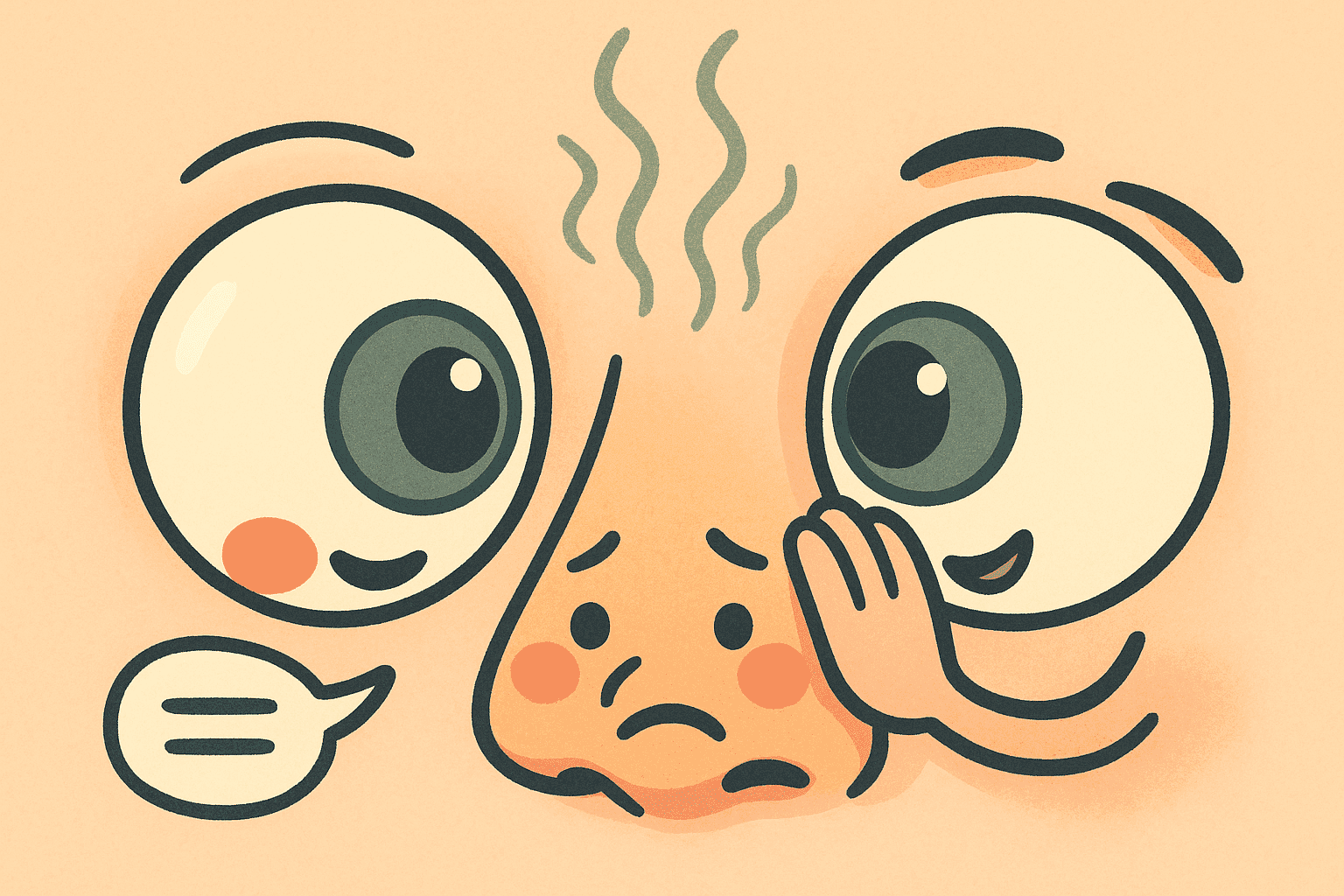 Two cartoon eyes with expressive faces whispering to each other across a nose, with wavy smell lines coming from the nose between them, creating the visual pun about something smelling