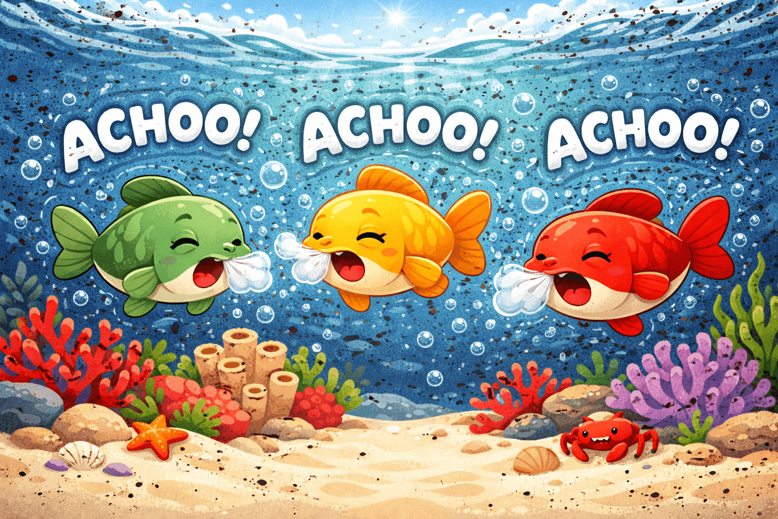 Cartoon fish swimming happily in ocean water