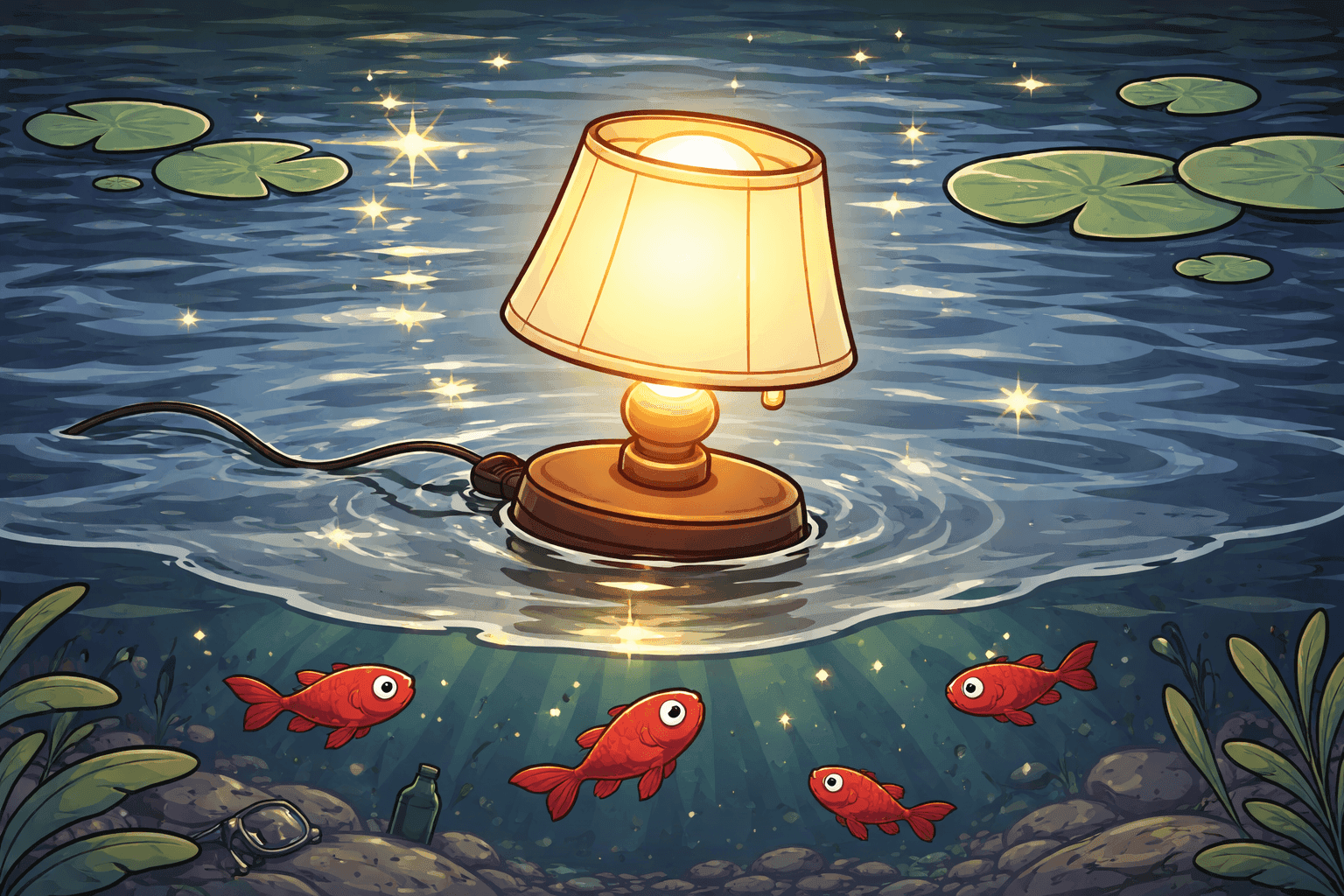 A cartoon lamp floating on water surface with surprised expression