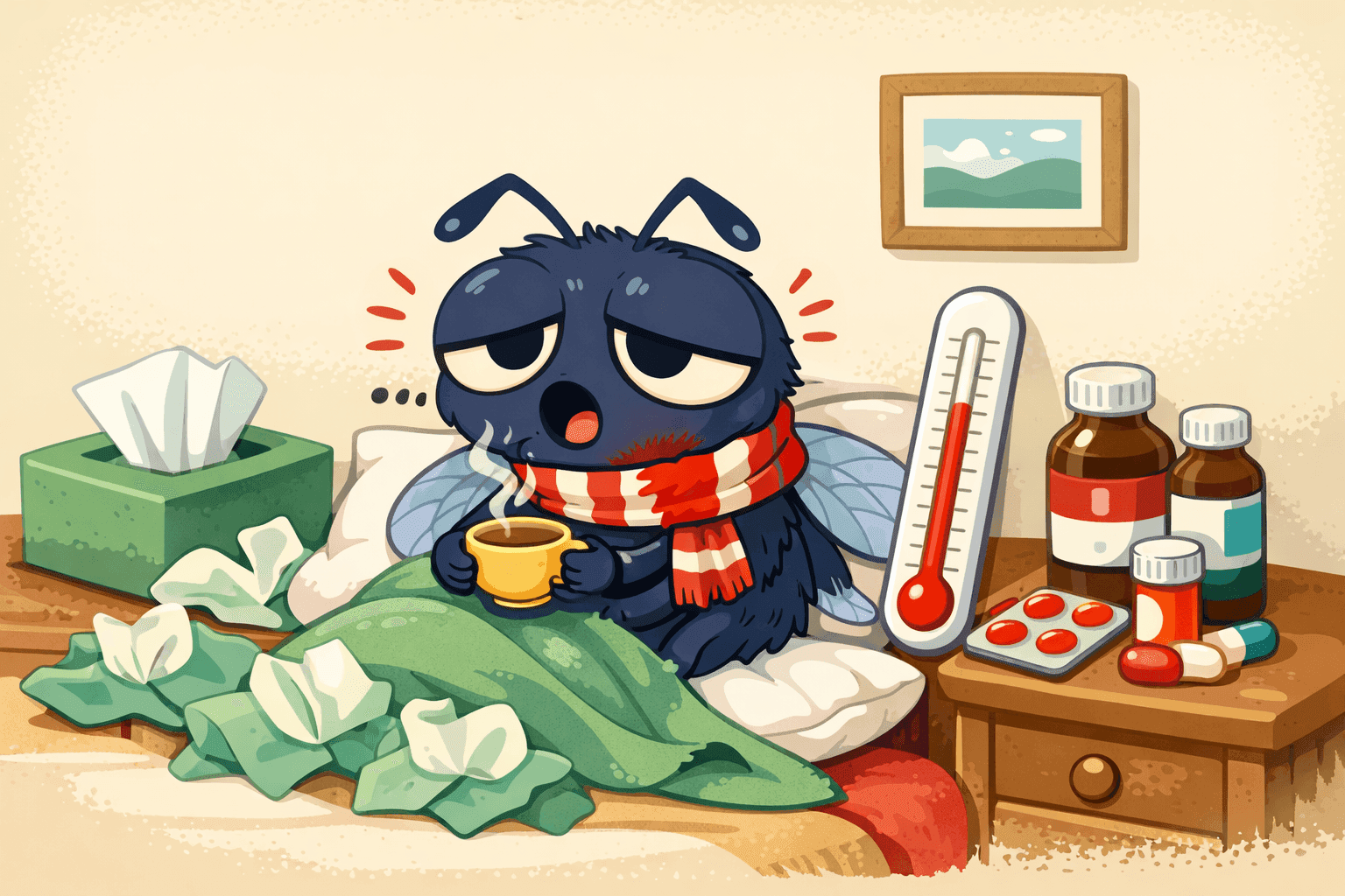 A cartoon fly looking sick with a scarf around its neck