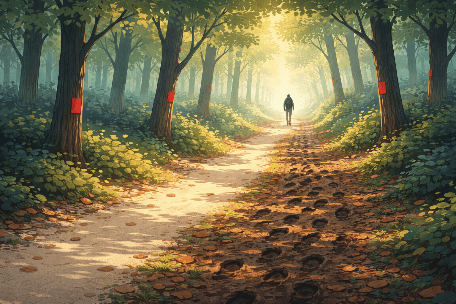 A trail of footprints in sand stretching into the distance