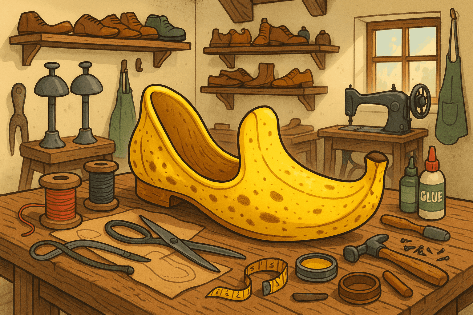 Cartoon illustration of a crafted slipper shoe made entirely from a banana peel, sitting on a cobbler's workbench with shoe-making tools, thread, patterns, and other footwear displayed on shelves, cozy shoe repair shop interior in cream, dark blue-gray, sage green, yellow, and bright red colors