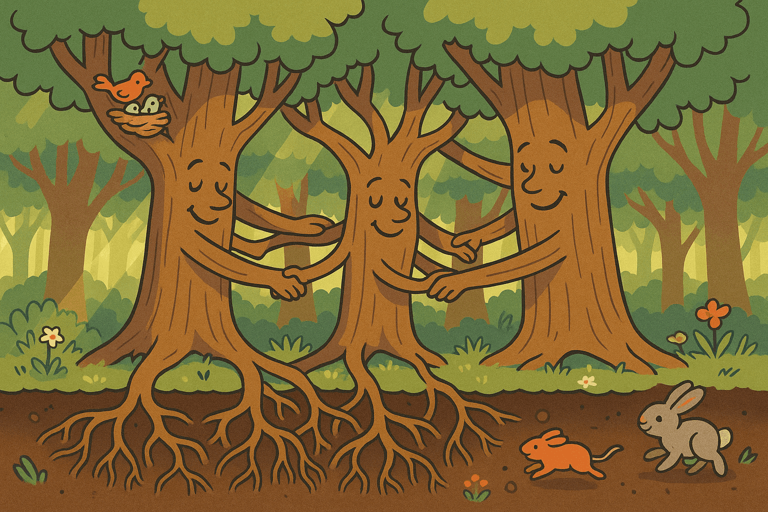 A cartoon forest of happy trees with friendly faces and intertwined branches, literally sticking together and supporting each other, with their roots visible underground also connecting in a peaceful woodland setting