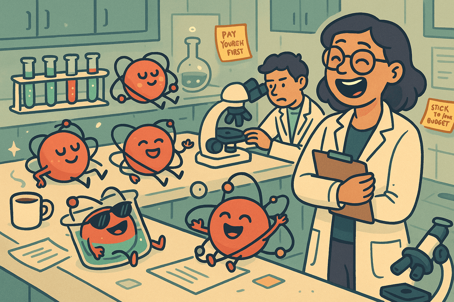 Cartoon illustration of anthropomorphic atoms with faces lounging lazily in a science laboratory on Friday afternoon, while frustrated scientists look on