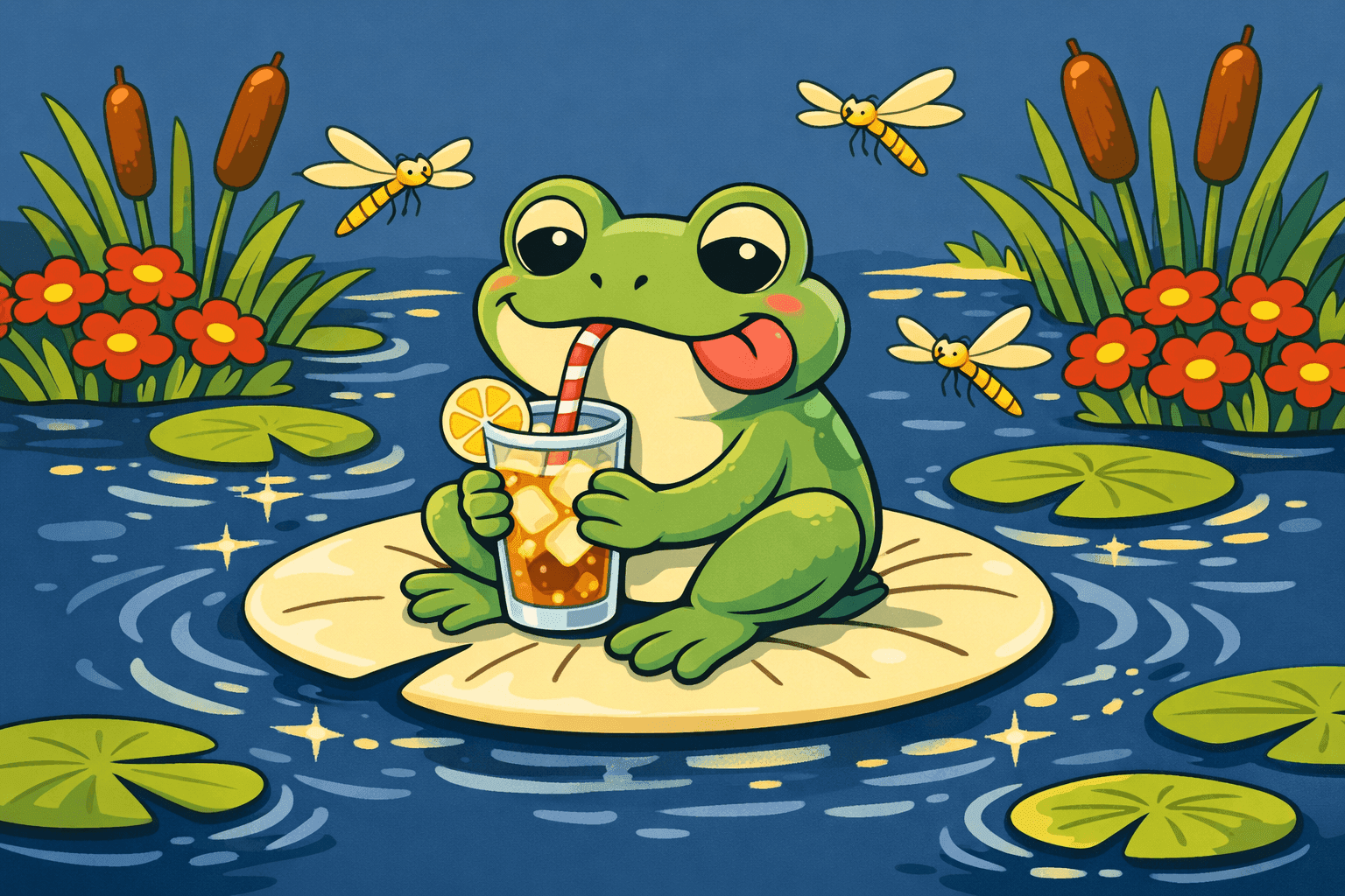 A cartoon frog sitting on a lily pad holding a cold beverage