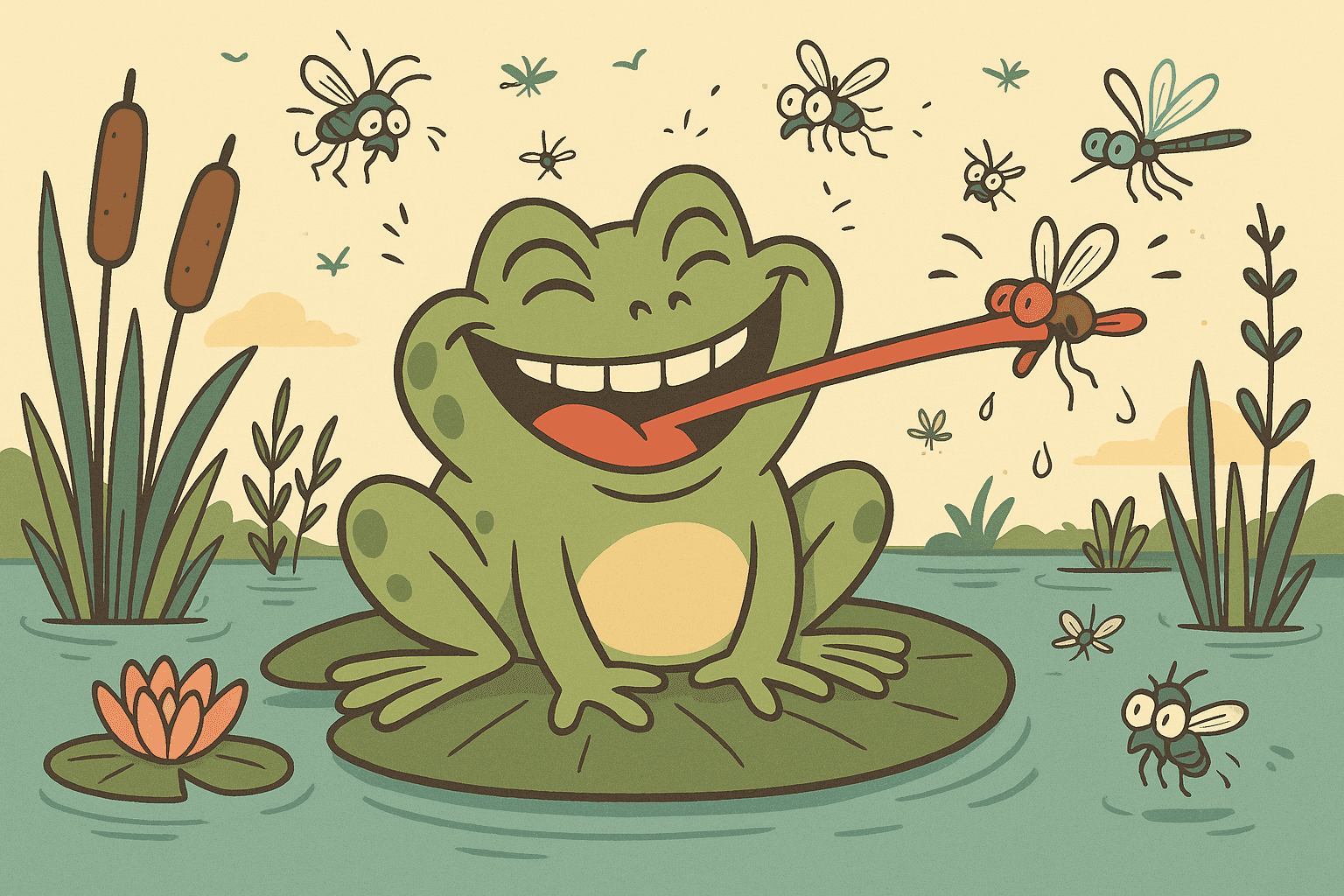 A cartoon frog with a huge smile sitting by a pond, happily catching and eating flying bugs with its tongue while other insects buzz around looking worried, in a peaceful wetland setting
