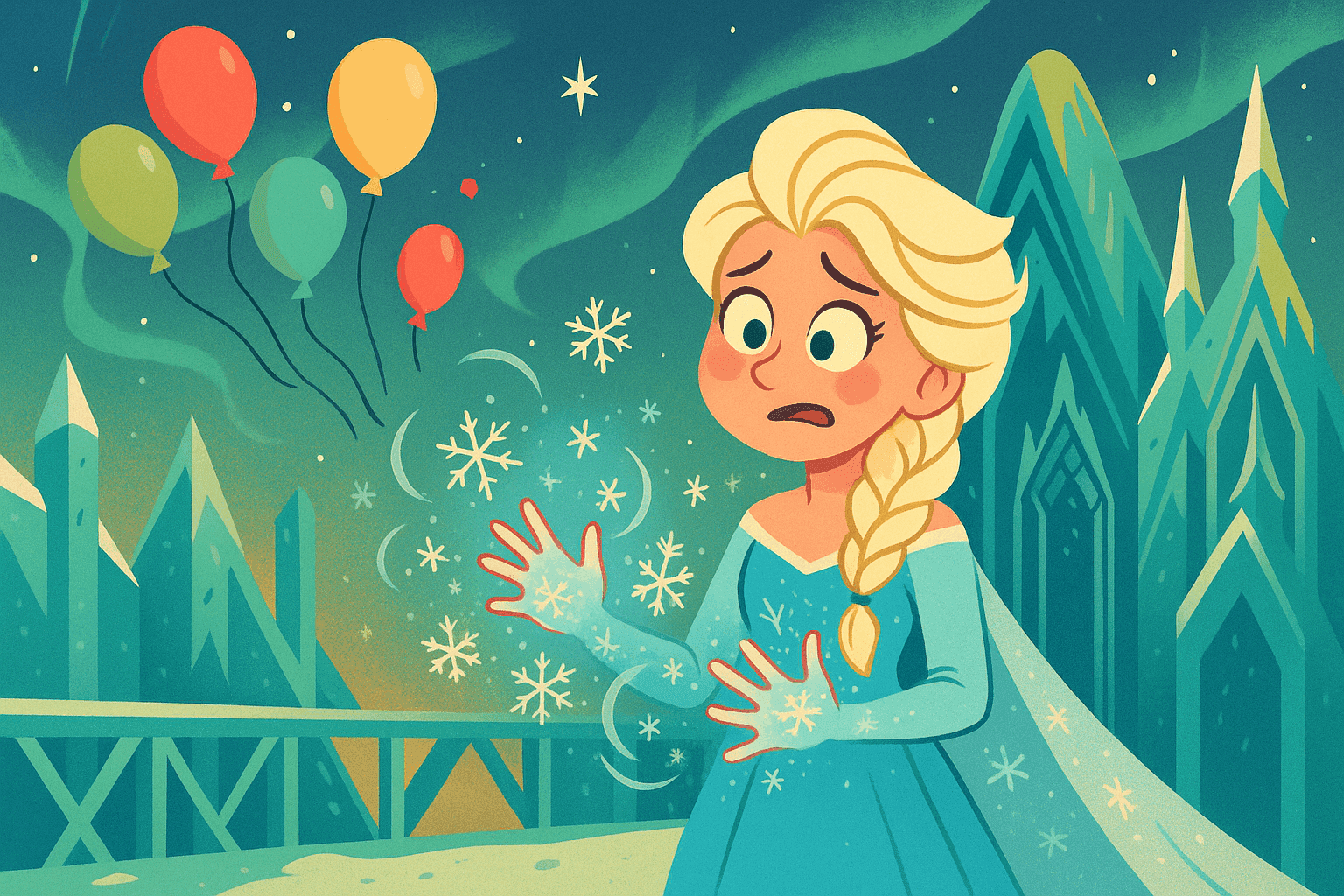 A humorous cartoon illustration of Elsa from Frozen looking apologetic while releasing colorful balloons into the sky, with snowflakes and ice crystals swirling around her in a wintery palace setting