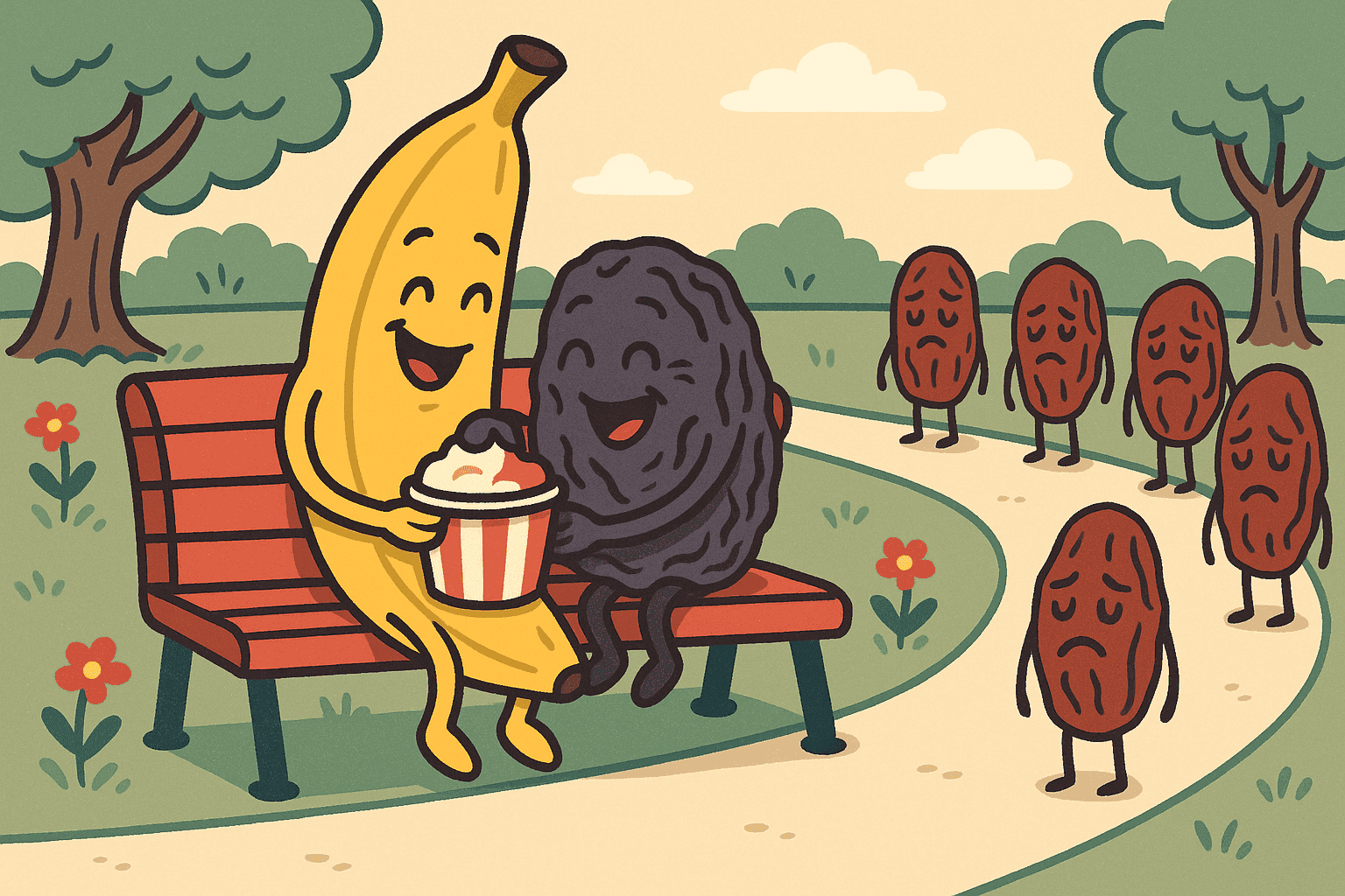 A cartoon banana and prune sitting together on a park bench like they're on a date, while actual date fruits nearby look sad and rejected, creating a visual pun about dating