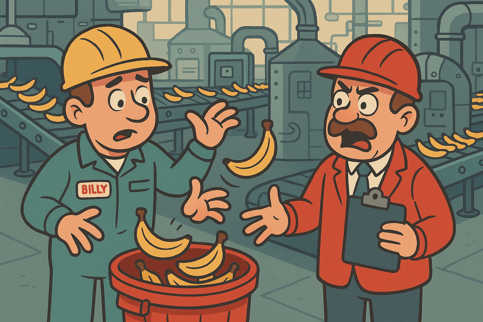 A humorous cartoon illustration of a confused worker named Billy in a banana factory uniform throwing perfectly good curved bananas into a trash bin while his supervisor looks on in shock and dismay
