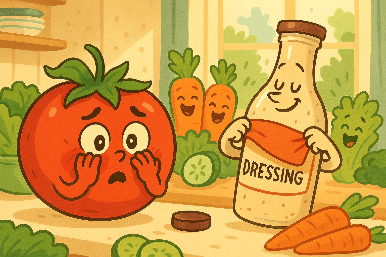 A cartoon tomato with blushing red cheeks covering its eyes bashfully while looking at a bottle of salad dressing getting undressed, with other vegetables giggling in a bright kitchen setting