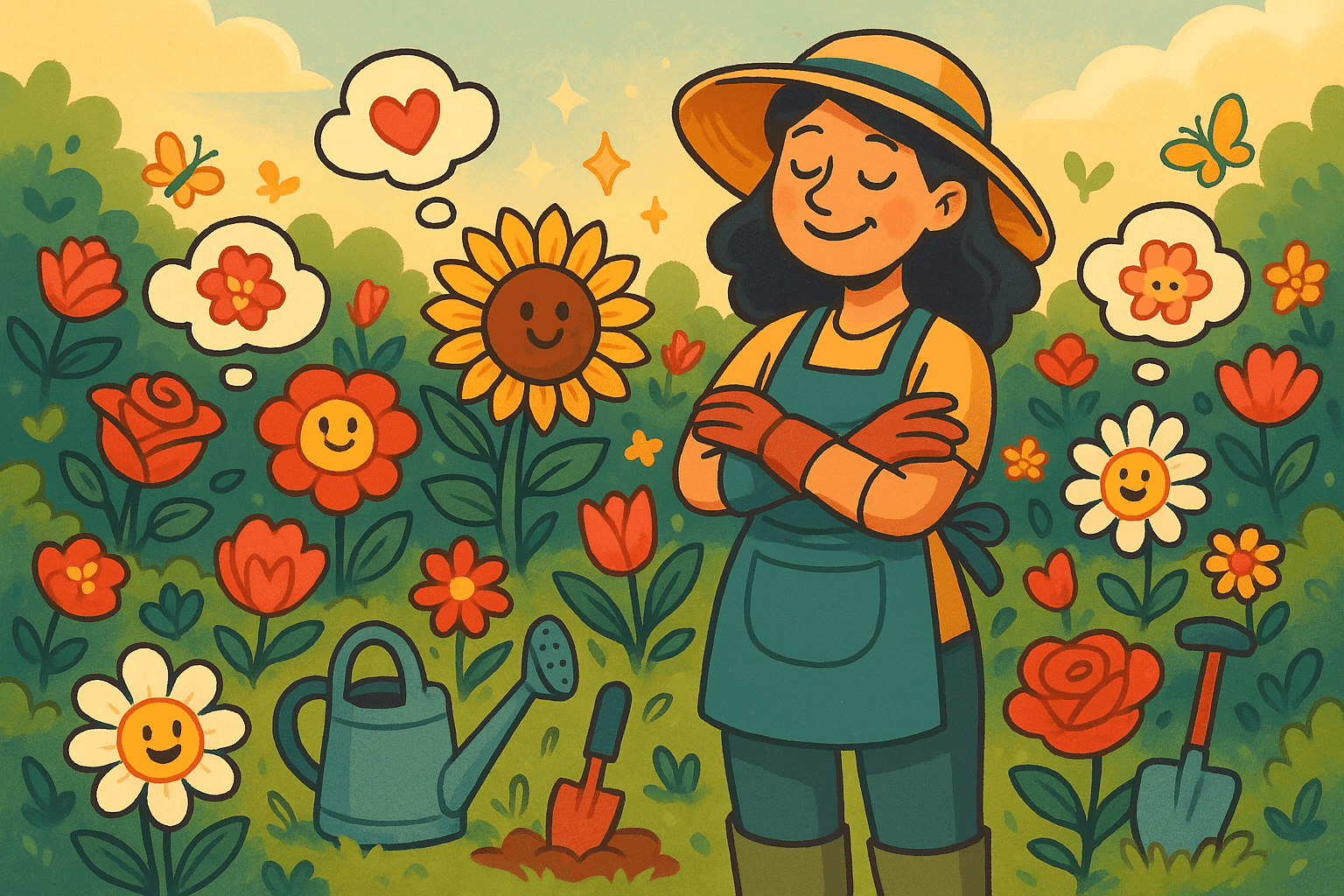 Cartoon illustration of a proud woman standing in a magical garden with flowers blooming all around her, with thought bubbles showing flowers thinking happy thoughts