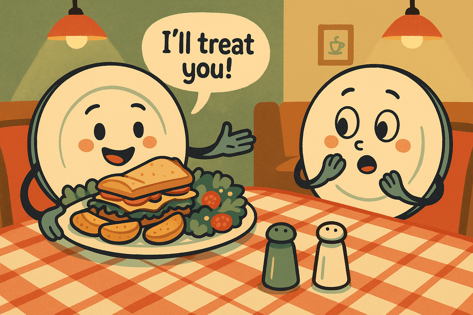 Two cartoon plates with friendly faces sitting at a dining table, one plate covered with delicious lunch food offering to treat the other empty plate, in a cozy restaurant setting