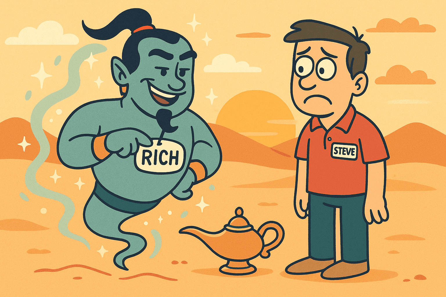 A humorous cartoon illustration of a confused man named Steve standing next to a smirking magical genie emerging from a lamp, with the genie holding a name tag that says 'Rich'