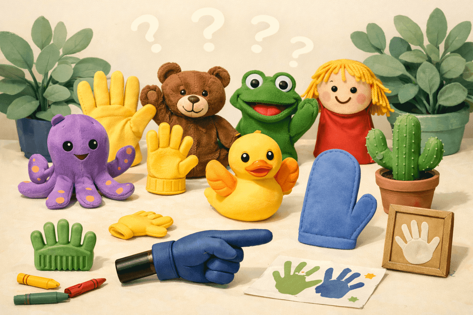 Various objects with hand-like features arranged on a table