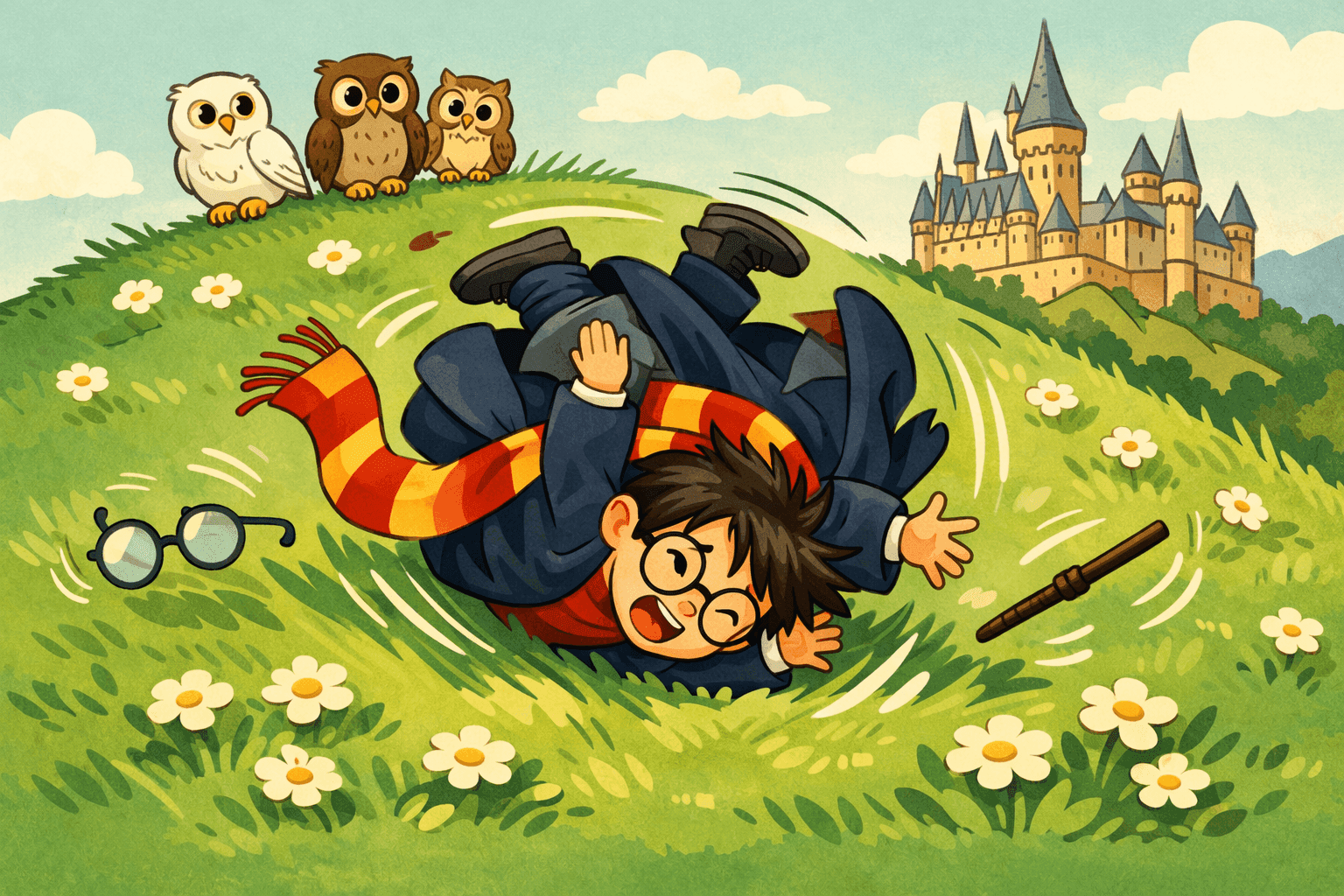 Cartoon Harry Potter rolling down a hill instead of running